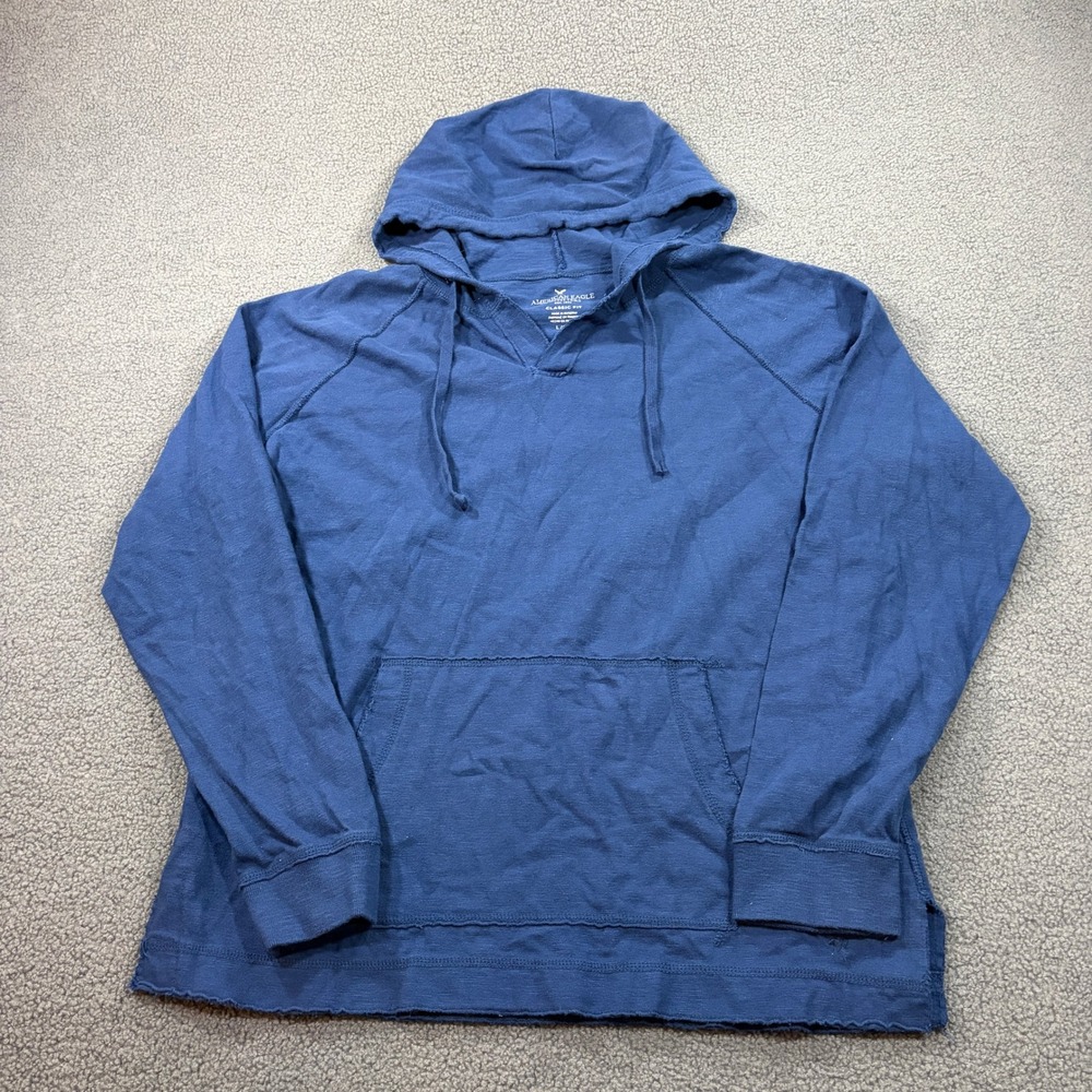 American Eagle Hoodie Mens L Blue Classic Fit Slub Knit Pullover Raw Hem 7985